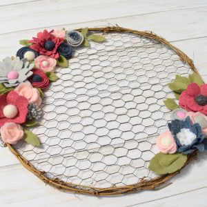 Felt Flower Wreath- 14″ Chicken Wire & Grapevine Wreath