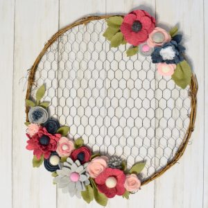 Felt Flower Wreath- 14″ Chicken Wire & Grapevine Wreath